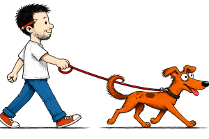 Person walking a dog through the Atlas landscape